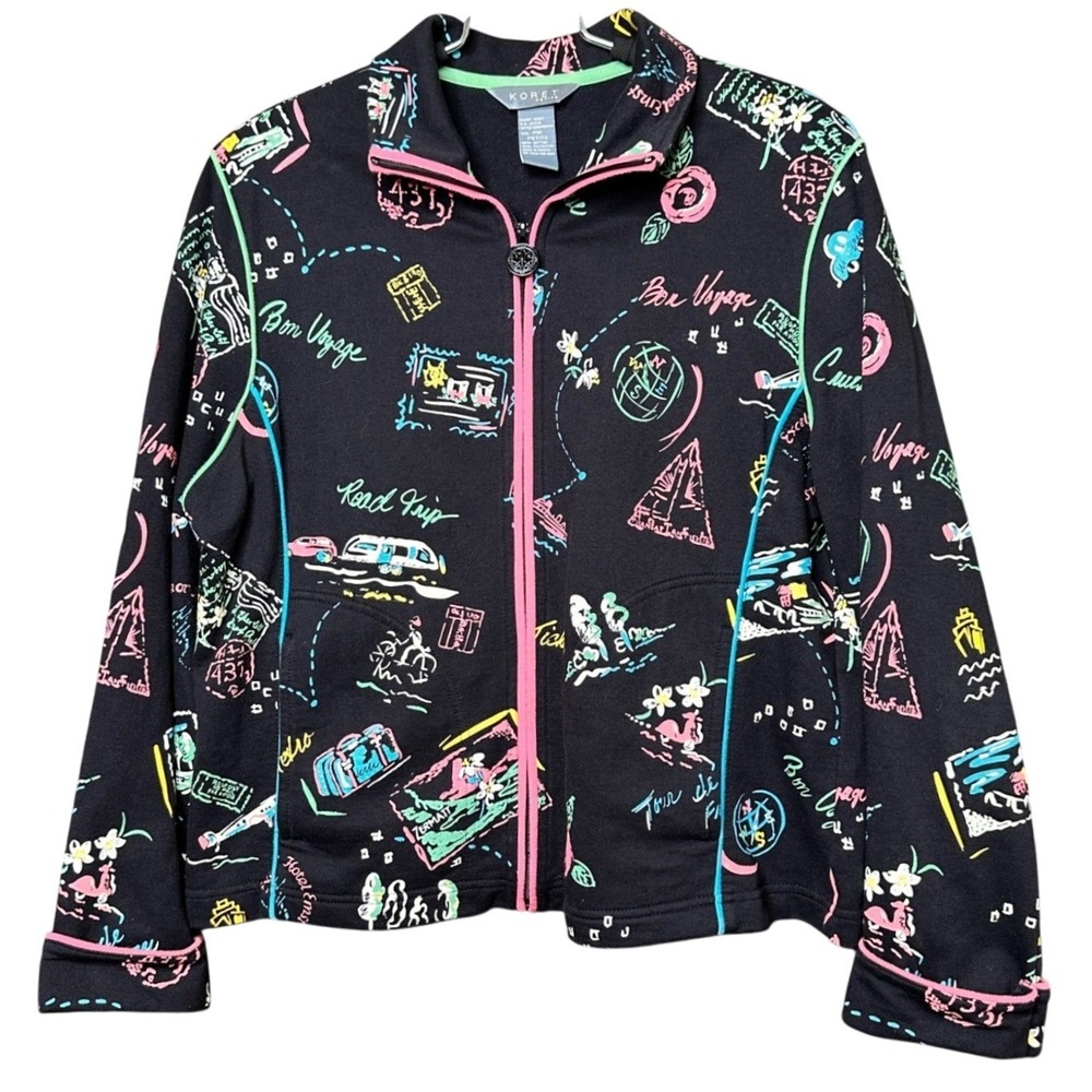 Koret Petite PM Black Novelty Travel Print Zip‎ Up Jacket Bon Voyage Road Trip
